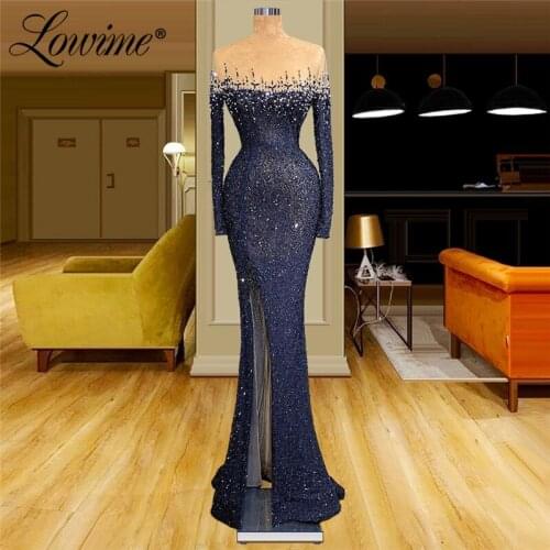 Beads Navy Blue Long Sleeves Evening Dresses Plus Size Crystals Muslim Party Dress 2021 Robes Vestido Fiesta Formal Prom Dress