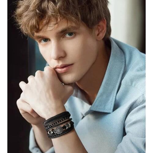 Vnox 4pcs/ set Adjustable Retro Sunburst Bracelets for Men, Braided Black Brown Leather Rope Bangle,Life Tree Leaf Rudder Charm