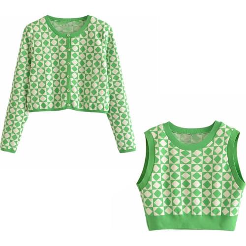 Za Women Sweet diamond Check Print Lapel Knitted Cardigan Vintage Long Sleeve Sweater+Knitted O Neck Pullover Vest XITIMEAO