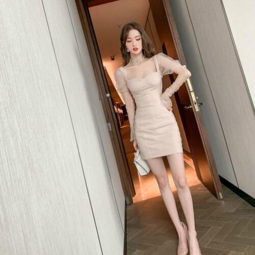 Women Long Sleeve Mini Bodycon Wrap Ladies Dress Mesh Patchwork Sexy Strapless Sheer Plus Size Dresses Woman Party Night Sun
