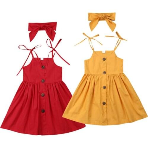 2019 Toddler Infant Baby Girl Dress Summer Buttons Sleeveless Party Princess Pageant Sundress Dresses Headband Solid Outfits