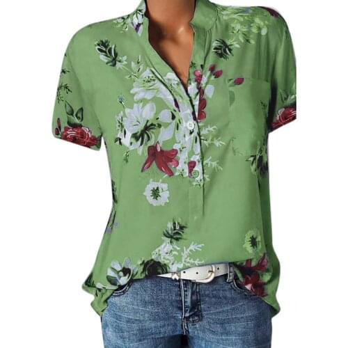 5XL Plus Size Button Blouses Women Retro Flower Printed Pocket Shirts Casual V Neck Short Sleeve Tops blusas de mujer блузки