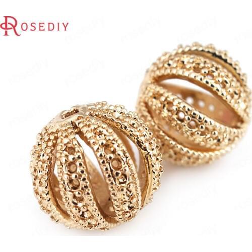 D433)6 pieces 12mm 24K Champagne Gold Color Plated Brass Round Hollow Bracelet Spacer Beads High Quality Jewelry Accessories