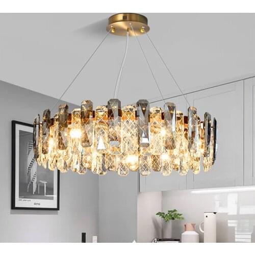 Atmospheric crystal living room light creative round chandelier stainless steel smoke gray bedroom light dining room light