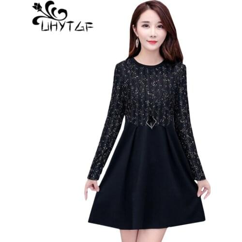 UHYTGF Long sleeve plus velvet winter dress women fashion lace stitching evening party dresses Casual Ladies plus size dress1301