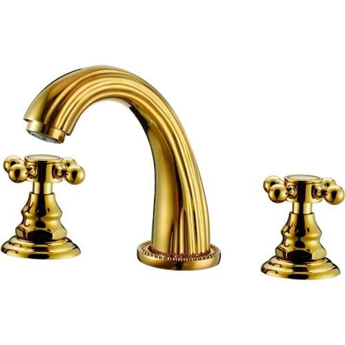 Free ship New Modern 3 Pcs 8" Widespread Bathroom Sink Faucet mixer tap gold clour with Cross handles