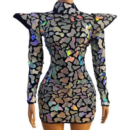 Sparkly Sequins Stitching Longsleeve Party Dress Half High Collar Women Bodycon Dresses DJ Singer Stage Wear Nightclub Outfit