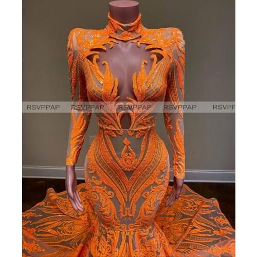 Sparkly Orange Long Prom Dresses 2021 High Neck Long Sleeve High Neck Sexy African Women Black Girls Mermaid Sequin Prom Gowns