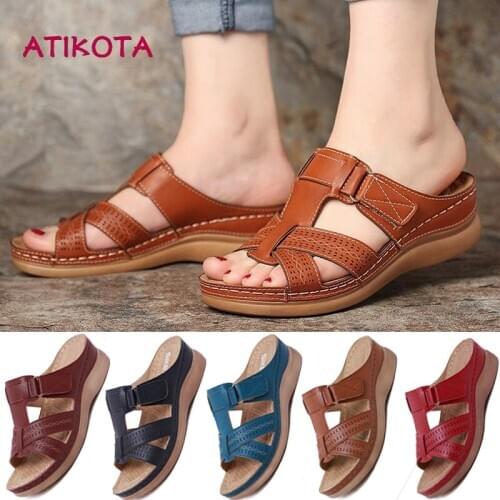 Atikota Women Sandal Retro Light Carved Hollow Wedge Sandals Ladies Buckle Strap Vintage Open Toe Anti-slip Sandal Shoes