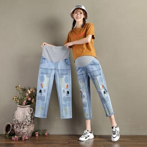 2020 Summer Pregnant Women Casual Embroidery Dnim Pants Mid-Calf Loose Maternity Cotton Trousers Fashion Striped Pregnancy Jeans