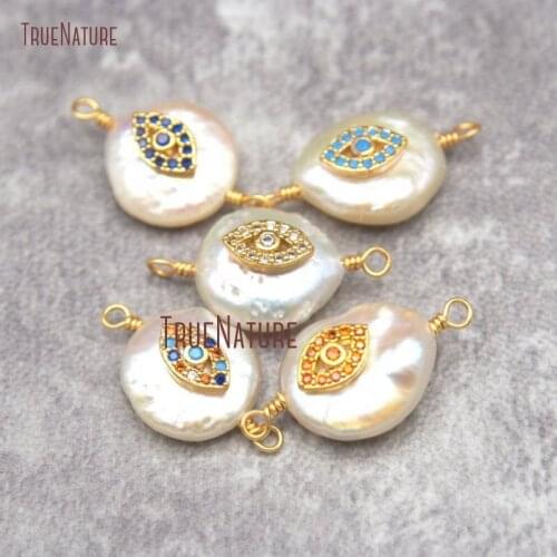 CZ Pave Gold Evil Eye Round Freshwater Pearl Pendant 12x21mm PC27265