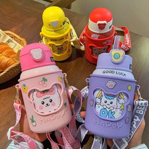 Childrens Cartoon Insulated Water Cup With Straws Portable Sports Water Cup Office girl Student Stainless Steel Water Bottle