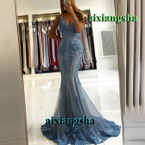 Ash Blue Elegant Trumpet V Neck Evening Dresses Appliques Backless Prom Celebrity Robe De Soiree Special Occasion Wedding Party