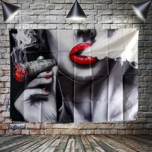 Red Mouth Smoking Flag Banner Sexy lady Beauty and Art Home Decor Hanging flag 4 Gromments in Corners Wall Art Canvas Painting 3