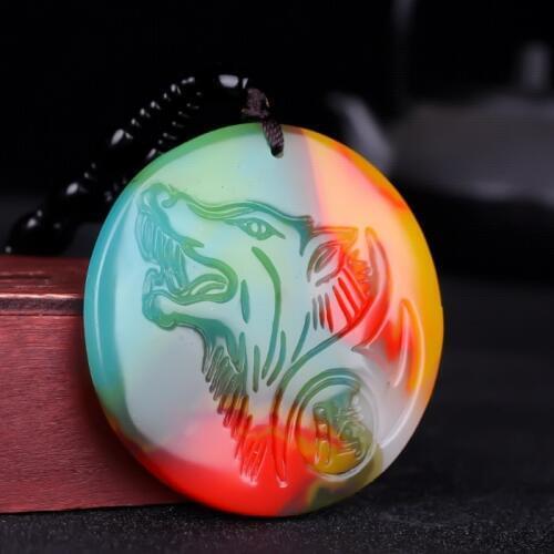 Colorful jade Wolf Pendant Necklace Jewellery Chinese Hand-Carved Relax Healing Women Man Luck Gift Free Rope P03