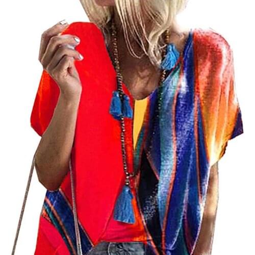 Hot Summer T-shirt Women t shirt Color Block Loose V Neck Short Sleeve Top Work Pullover Female tshirt Oversize T-shirts