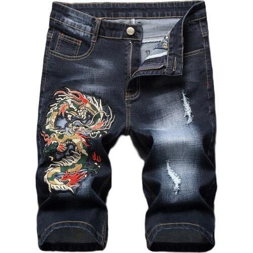 Idopy Mens Embroidery Jeans Shorts Summer Vintage Retro Patches Dragon Plus Size Denim Shorts Male Jean Shorts For Men