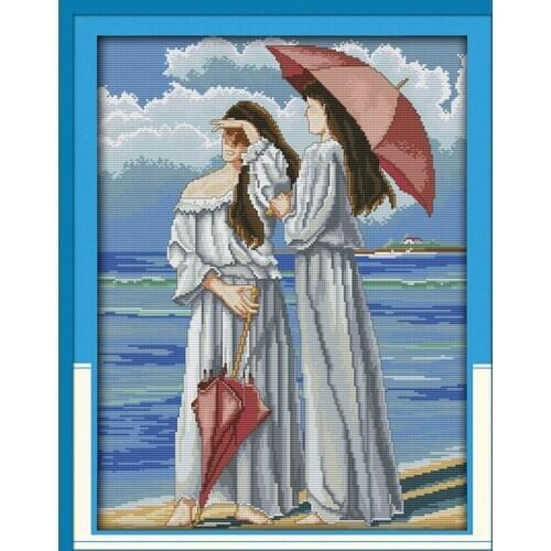 Watching the Sea (4) Portrait Cross stitch kits 14CT white 11CT Printed Cotton Embroidery DIY Handmade Needlework Home Decor
