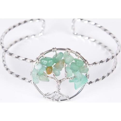 New Chakra Natural Gravel Tree of Life Silver Color Open Bangle Copper Adjustable Bangle for Women Cuff Wrist Bracelet B003