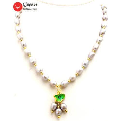 Qingmos Natural Gray Pearl Necklace for Women Jewelry with 7-9mm Baroque Pearl & Lotus Leaf Pendant Necklace Chokers 17"