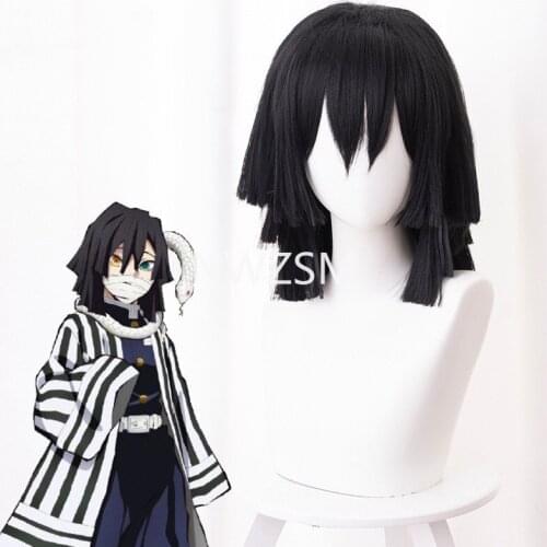 Anime Demon Slayer: Kimetsu no Yaiba Iguro Obanai Cosplay Wigs Black Heat Resistant Synthetic Hair Wig