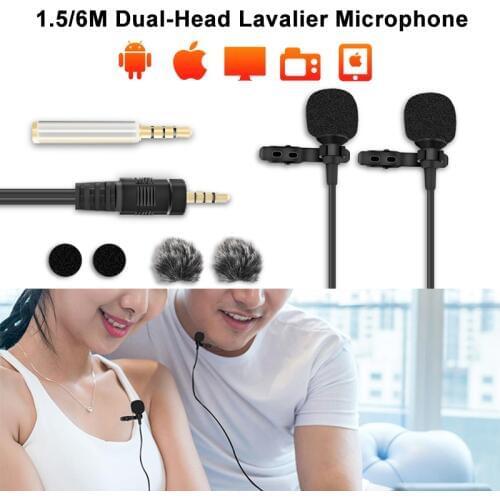 6m /1.5 Dual-Head Lavalier Lapel Clip-on Microphone for Lecture or Interview for Smartphone Mobile phone and Tablets