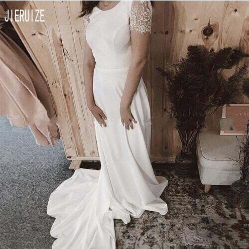 JIERUIZE Simple Long Wedding Dress Lace Short Sleeves A-line Bridal Gowns Scoop Neck Backless Bride Dresses Vestido De Noiva