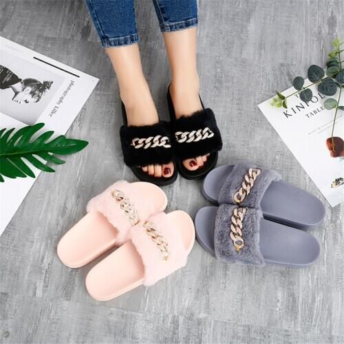 Women Home Slippers Metal Chain Spring Slippers Fashion Winter Warm Shoes Indoor Festival Gift Fuzzy Pantunflas Para Mujer 2020