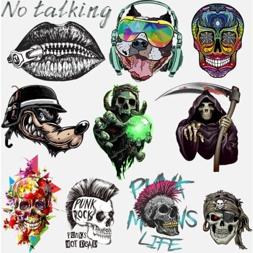 Punk Heat Transfer For Clothes Vinyl Skull Patch Iron On Transfer For Clothing Skeleton Stripes Thermal Stickers On Clothes