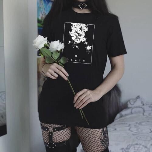 Japanese Style Floral Print Gothic T-Shirt Womens Grunge Aesthetic Pastel Goth T-shirts Edgy Fashion Tops Female Cotton Tees