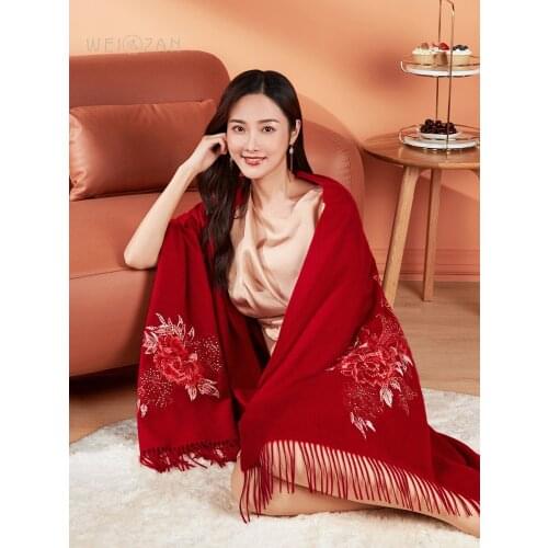 100% wool scarf women spring Autumn winter embroidery 200*70 size, 380g Red shawl Lady Wrap Pashmina
