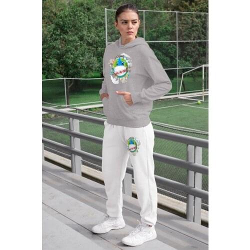 Angemiel Wear Save The Earth Panda Women 'S Tracksuit Set Gray Hooded Sweatshirt White Sweatpants