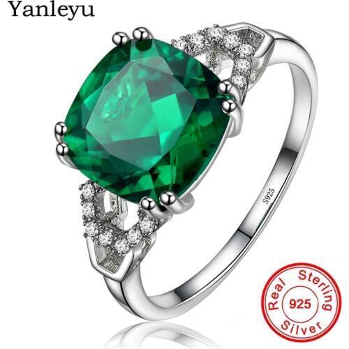 Yanleyu Authentic 925 Sterling Silver Wedding Rings for Women Green Cubic Zircon Engagement Ring Party Jewelry PR106
