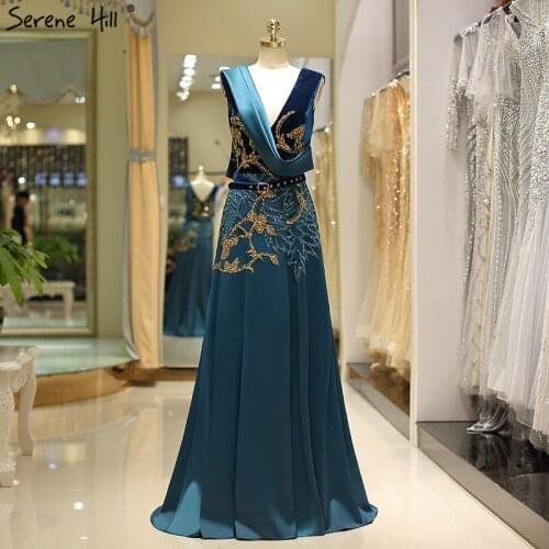Dubai Blue V-Neck Sleeveless Prom Dresses Design 2020 Diamond Sequined Sexy Mermaid Prom Gowns Serene Hill BLA60819