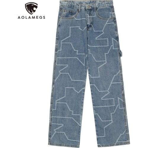 Aolamegs Jeans Men Ribbon Patchwork Graphic Print Denim Pants Men Loose Harajuku Casual All-match Jeans Unisex Streetwear Autumn