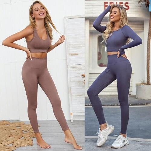 Seamless Yoga Suit Sports Set Gym Clothes Fitness Women Long Sleeve Crop Top High Waist Leggings Ribbed Workout Set Tracksuits