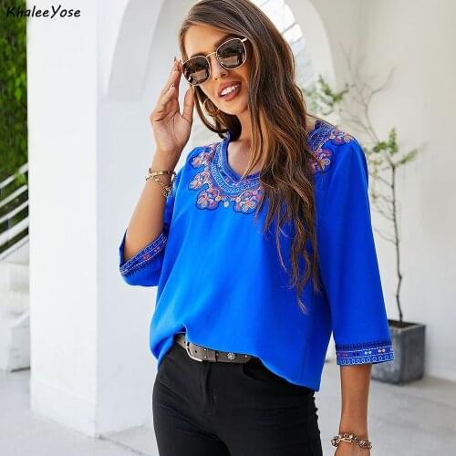 KHALEE YOSE Floral Embroidery Blouses Shirt Blue Summer Boho Mexican Shirts Plus Size 2xl 3xl Ethnic Hippie Chic Ladies Top 2021