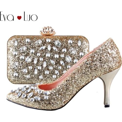 BS989 Custom Made Gold Glitter Rhinestones Shoes With Matching Bag Set Open Toe Women Low Heel Party Bridal Wedding Shoes