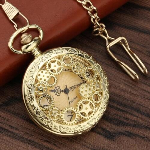 Gold Color Exquise Copper Steampunk Hollow Gear Quartz Pocket Watch Necklace Clock FOB Pocket Chain Jewelry Watch for Men Women
