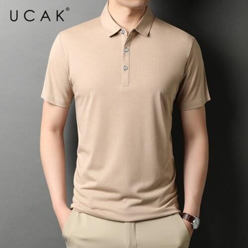 UCAK Brand Classic Solid Color Turn-Down Colar Silk T Shirt Men Clothes Summer NEW Streetwear Casual Tshirt Male Homme U5451