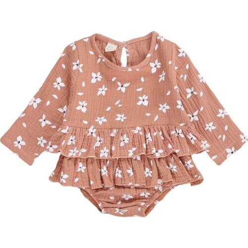 0-18M Newborn Baby Girls Petal Print Cotton Linen Romper Infant Long Sleeve Round Neck Layered Jumpsuit Casual Style Playsuit