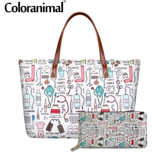 Coloranimal Luxury Brand Women 2 Set Handbag With Wallets Funny Hospital Medical Tools Anime Pattern Shoulder Bag Tote Bolsa Sac