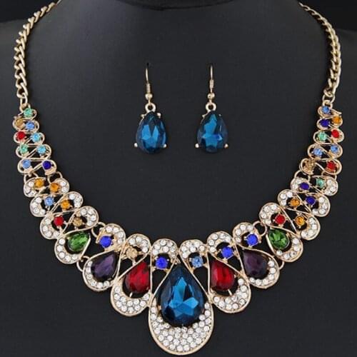 6pcs /lot Fashion temperament golden tone colorful rhinestone water drop precious stone Chain necklace earring set
