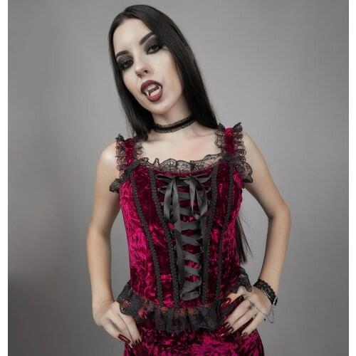 Lace Stitching Strap Punk Crop Top Women Corset Vest Sexy U-neck Gothic Streetwear Red Velvet Tshirt Female 2021 Spring Summer