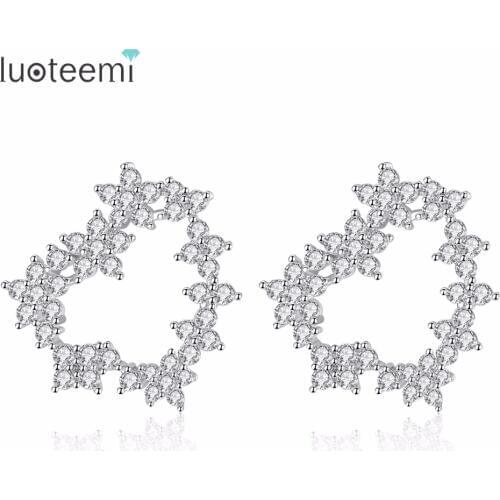LUOTEEMI New Fashion Trendy Crystal Insert Flower Through Heart Shiny Stud Earrings Clear AAA CZ For Women Girl Party Gift