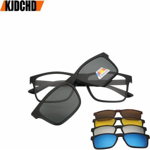 KJDCHD Fashion Optical Spectacle Frame Men Women With 5 Clip On Sunglasses Polarized Magnetic Glasses For Male Myopia Eyeglasses