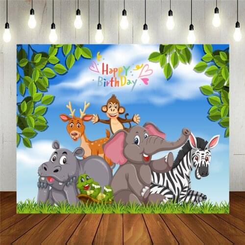 Cartoon Animal Theme Photography Backdrop Kids Children Birthday Party Decotation Green Grass Vinyl Background Studio Props