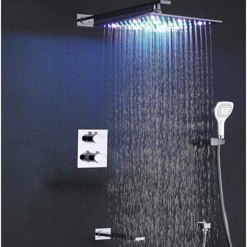 Bathroom Rain Shower Set Thermostat Bath Shower Faucet Valve Chrome Shower System Panel Brass Rainfall Colors LED Shower Head