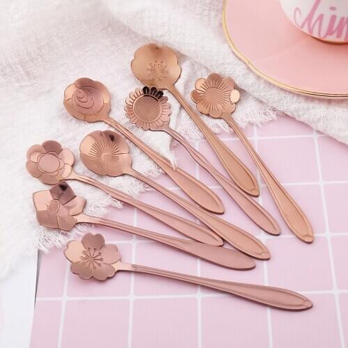 Stainless Steel Spoon Long Handle Teaspoon Flower Shape Coffee Dessert Ice Cream Spoon Kitchen Accessories Rose Gold Dinnerware