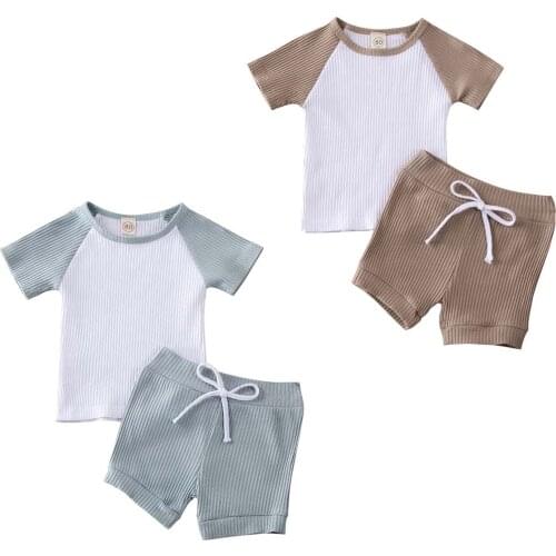 NEW Baby Summer Clothes 2 Pieces Toddler Kids Baby Boys Girls Short Sleeve Shorts Pants Clothes Ribbed Patchwork Outfit 1-5Y